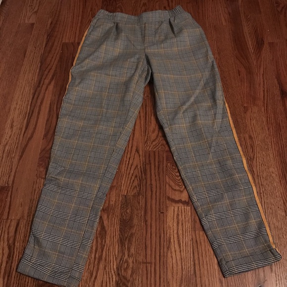 grey and yellow plaid pants